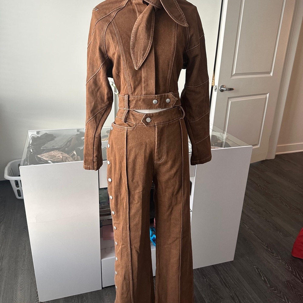 Brown Button-Up Jumpsuit with Belt